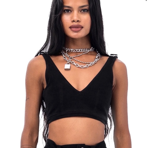 DEFI Black Denim Sleeveless Fitted Crop Tank Top - Picture 1 of 2